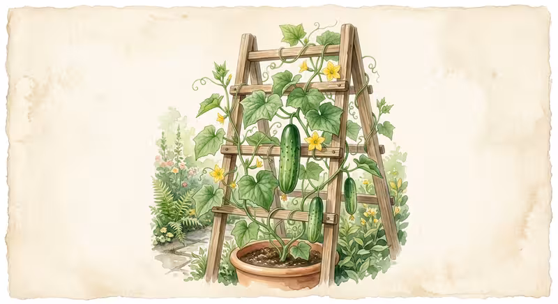 Watercolor illustration of a trellised cucumber plant