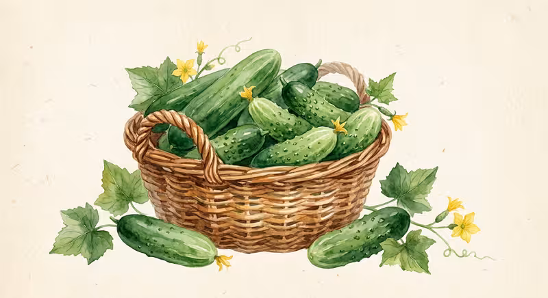 Watercolor illustration of a basket of fresh cucumbers