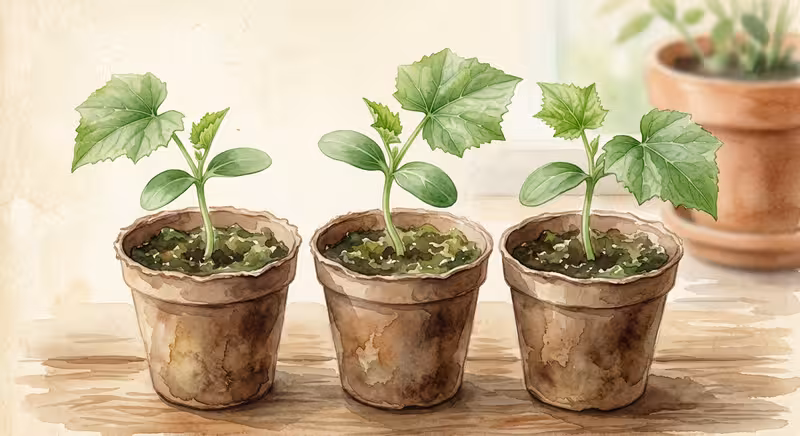 Watercolor illustration of cucumber seedlings in pots