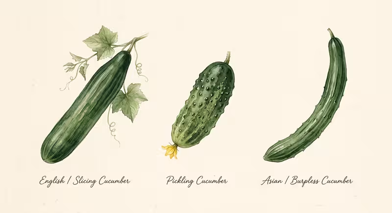 Watercolor illustration of different cucumber varieties