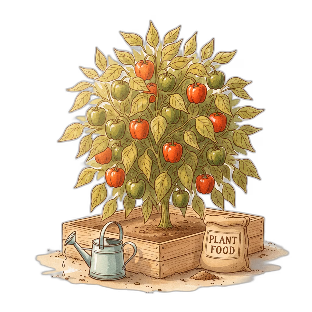 Watercolor illustration of a pepper plant in a garden