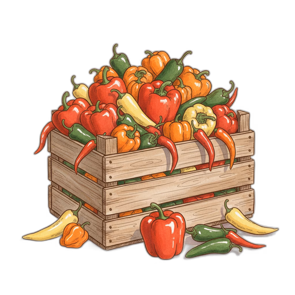 Watercolor illustration of a crate of harvested peppers