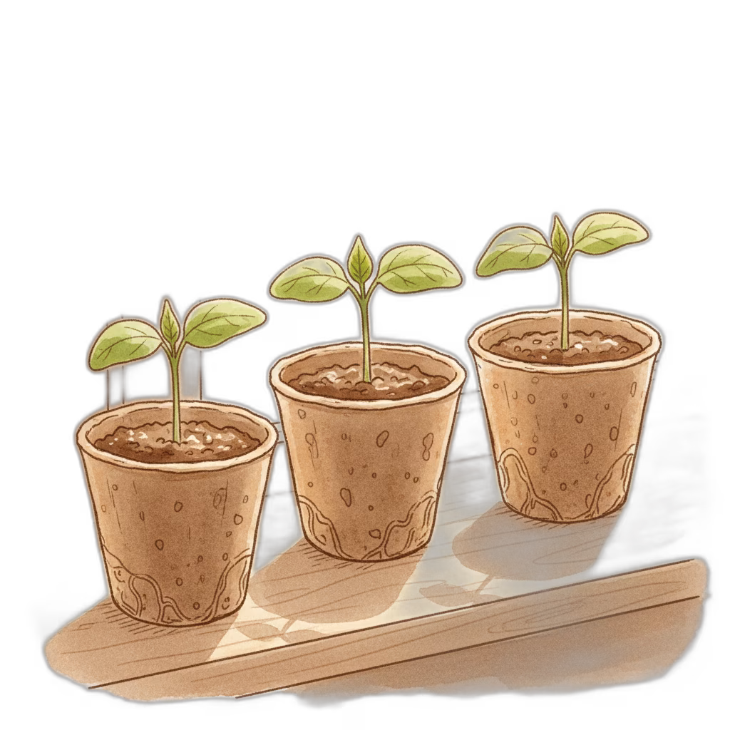 Watercolor illustration of pepper seedlings in pots