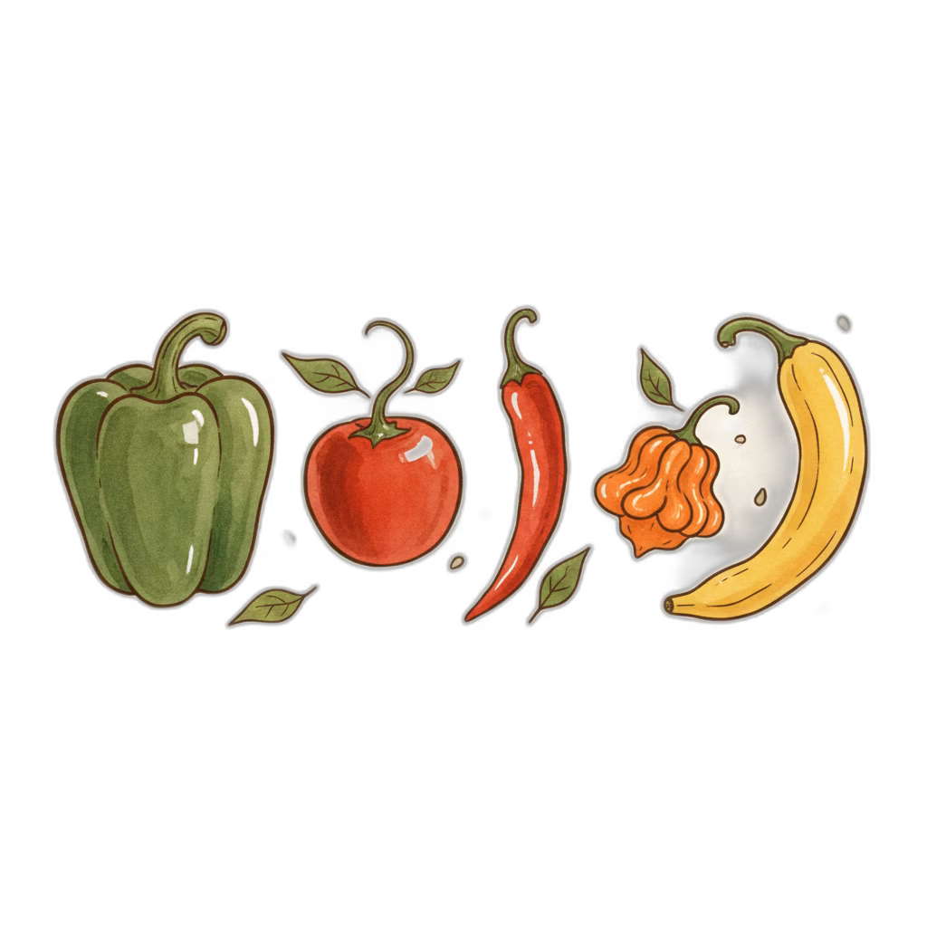 Watercolor illustration of different pepper varieties