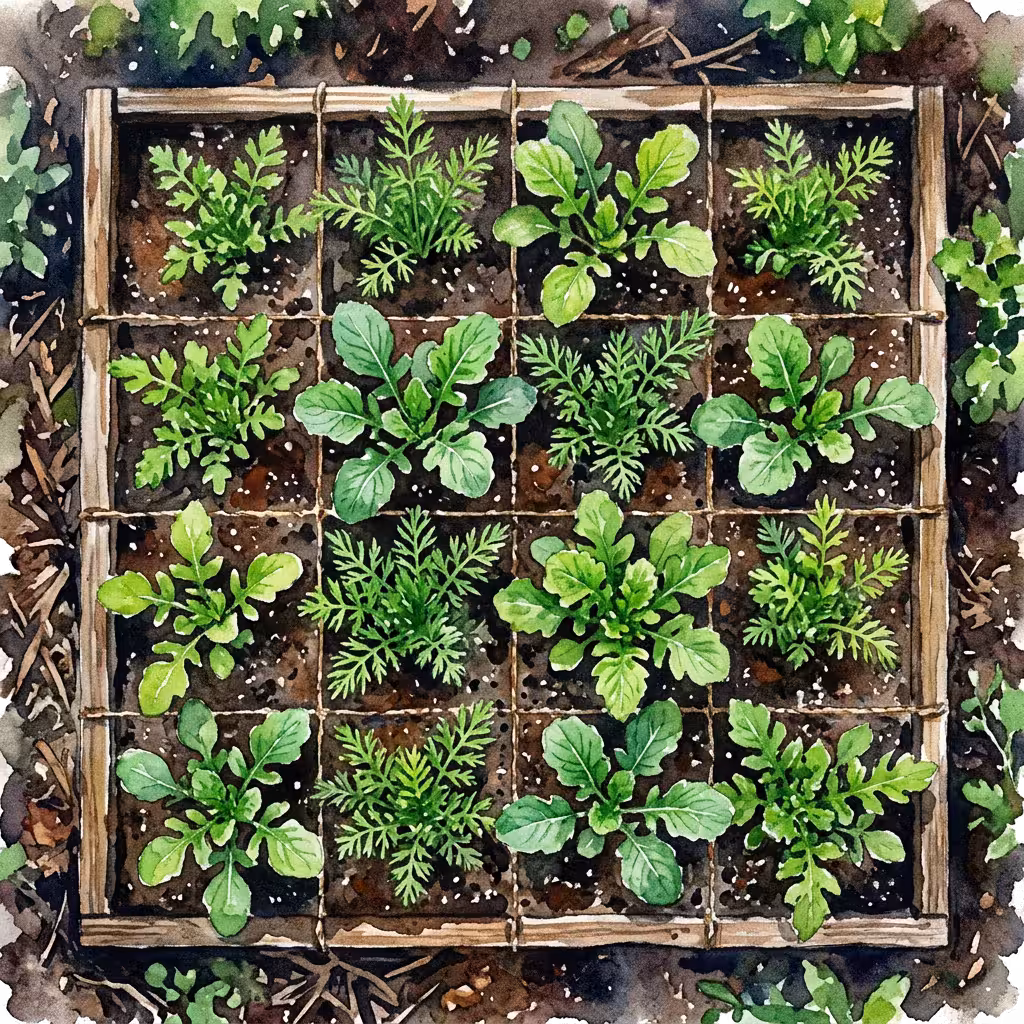 Watercolor overhead view of a densely planted square foot with radish tops