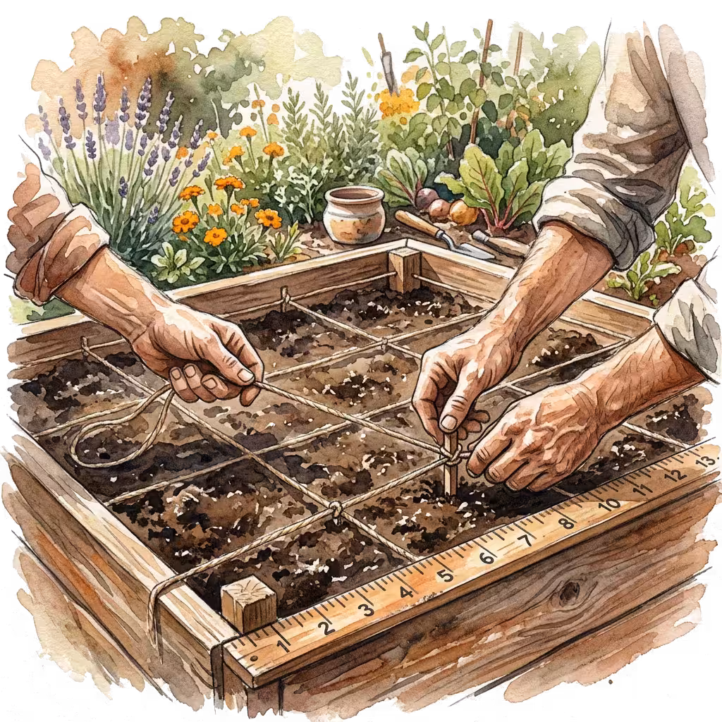 Watercolor illustration of hands laying twine grid dividers across a raised bed
