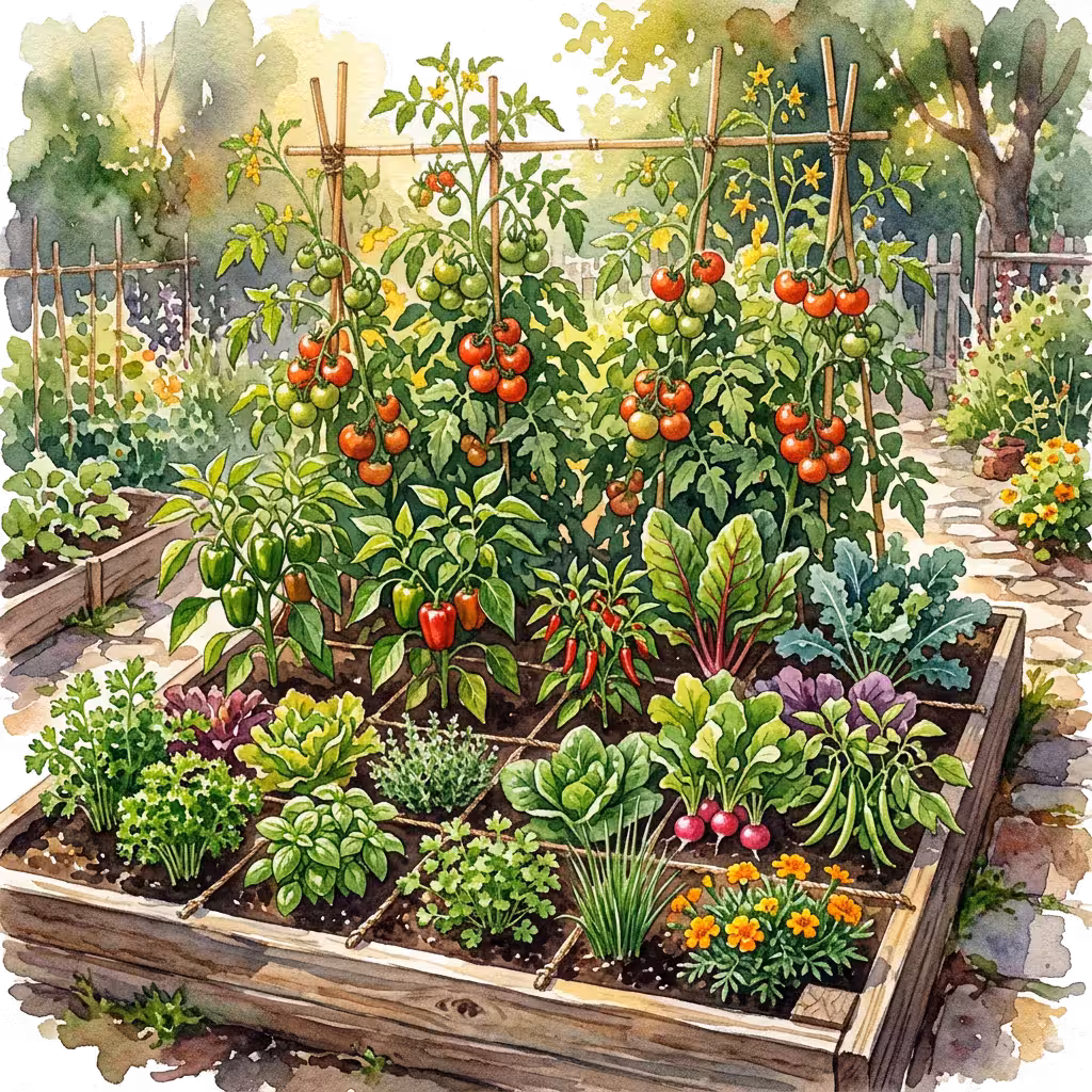 Watercolor of a bountiful raised bed with diverse vegetables