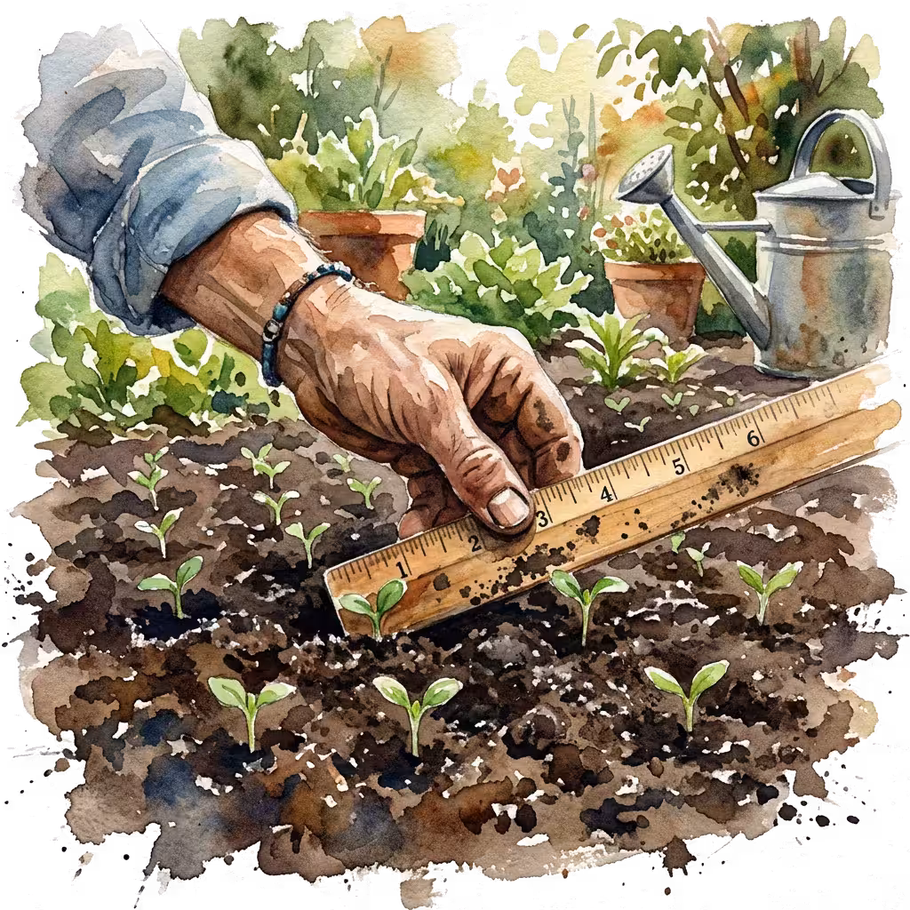 Watercolor of a hand measuring seedling spacing with a ruler