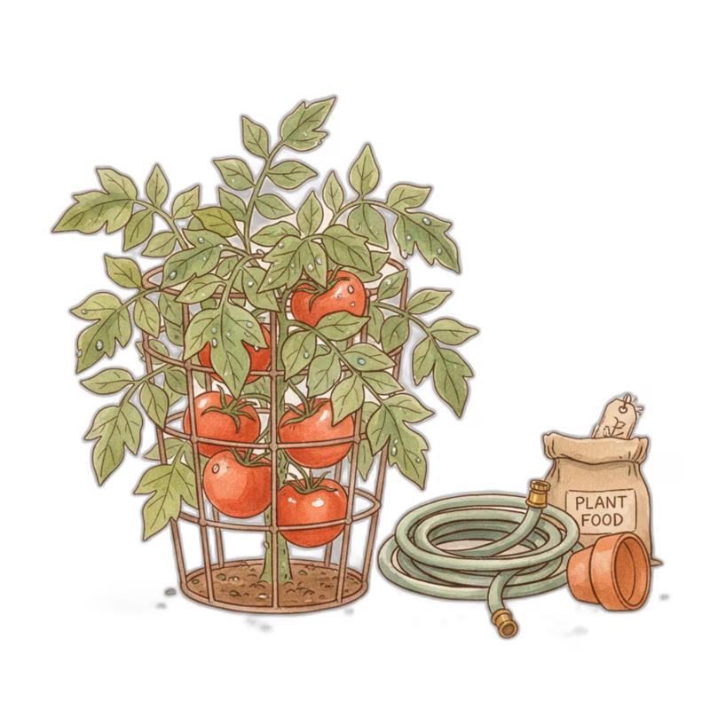 Watercolor illustration of a tomato plant in a cage