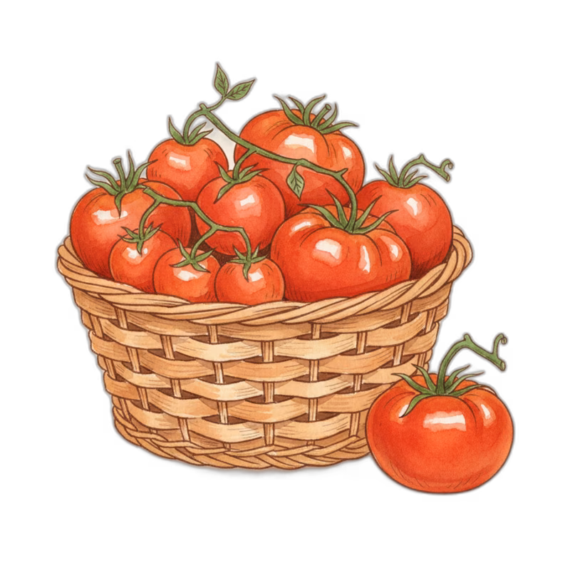 Watercolor illustration of a basket of ripe tomatoes