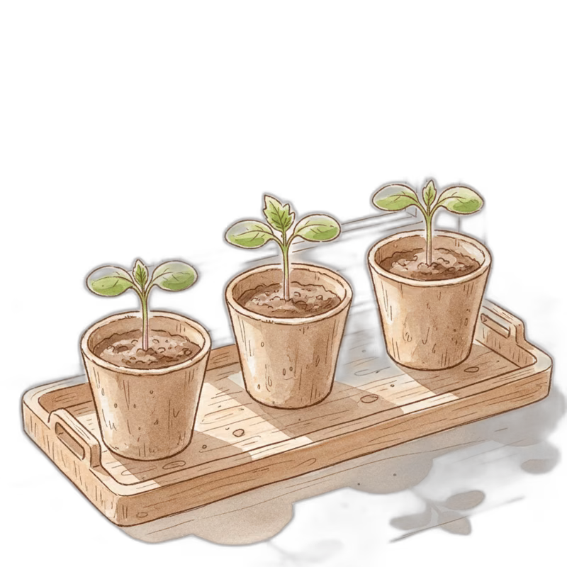 Watercolor illustration of tomato seedlings on a windowsill