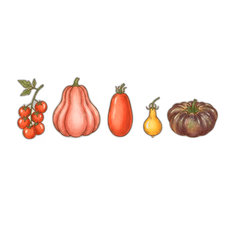 Watercolor illustration of different tomato varieties